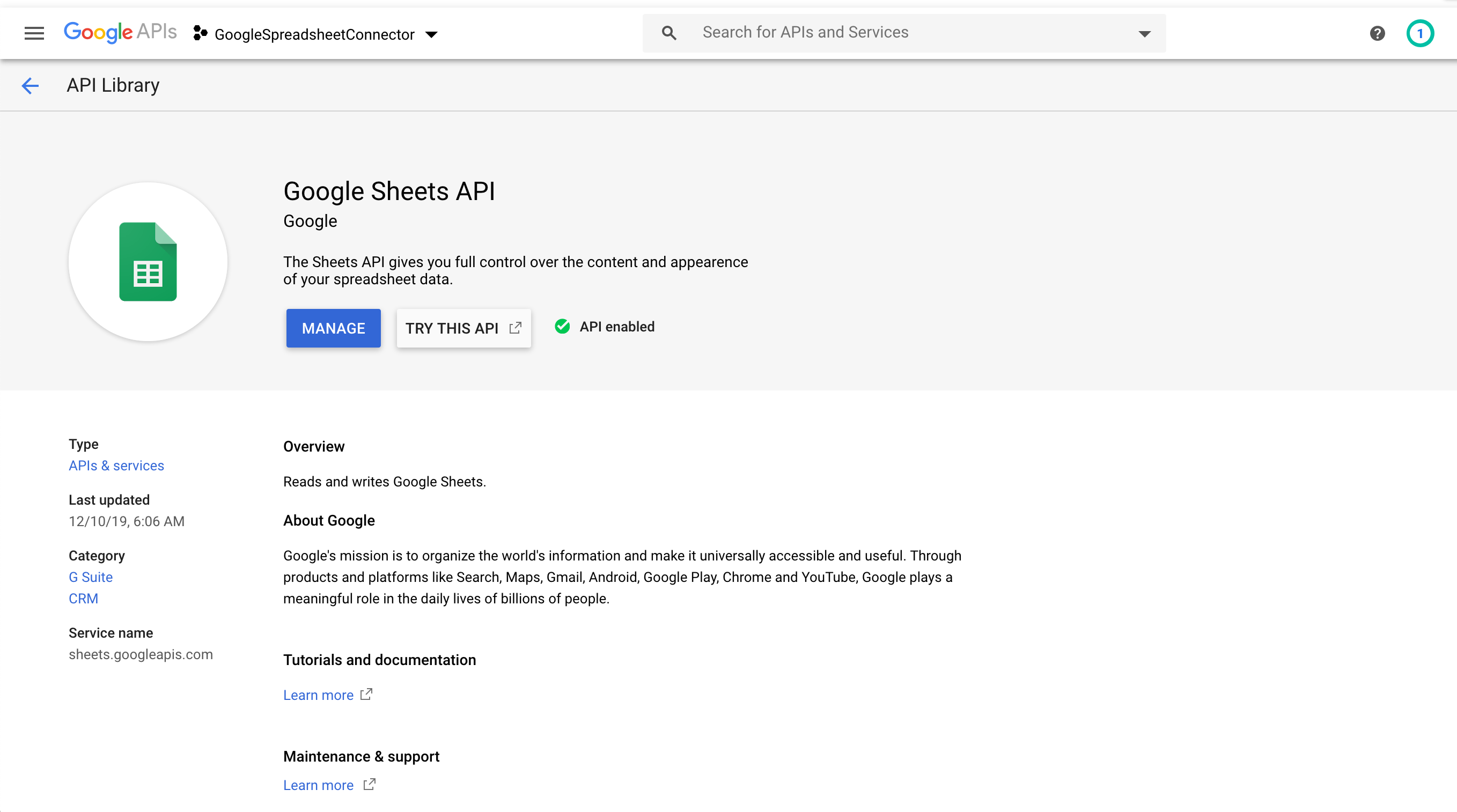 Enable Google Sheets API